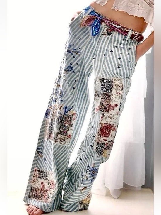 Free People Pants - FREE PEOPLE Runyon Patched Pants - Wide Leg Striped Floral Patchwork